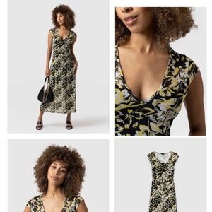 Saint + Sofia Poppy Mesh Midi Dress Womens Size 6 Black Yellow Cap Sleeve V-Neck